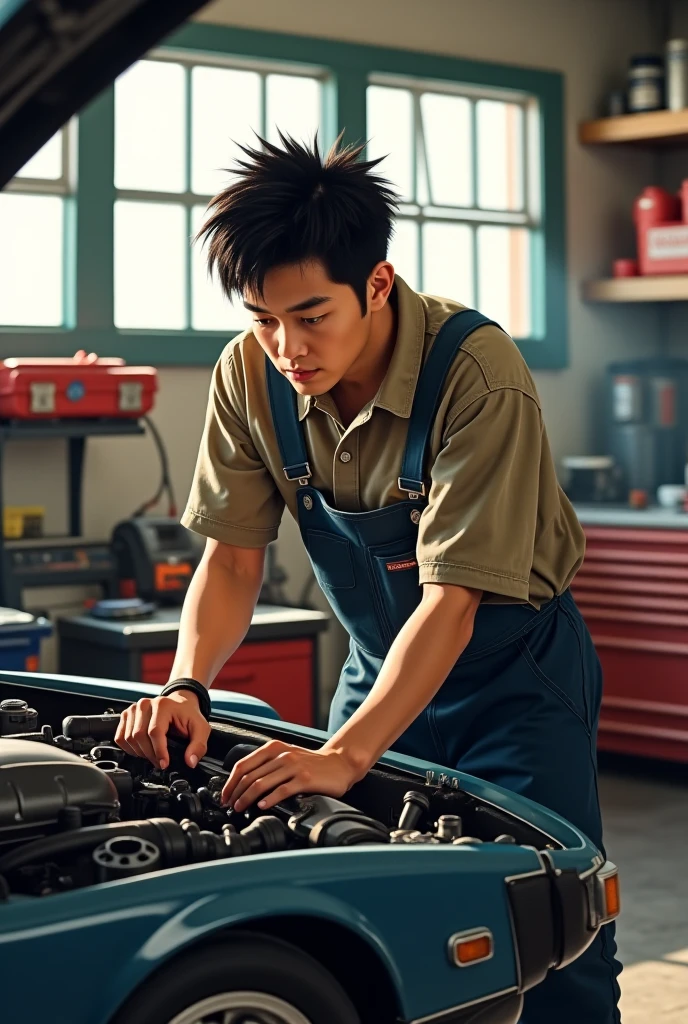 (HD quality car mechanic),With a wrench in his hand，Serious repair of a faulty engine，Similar to the operation of a locomotive engine。Fine shots capture every detail，Plus bright and detailed light and shadow，Bring out the overall texture。Asian men，The skin is a little whiter，Natural spots on the face ，The characters are real --auto