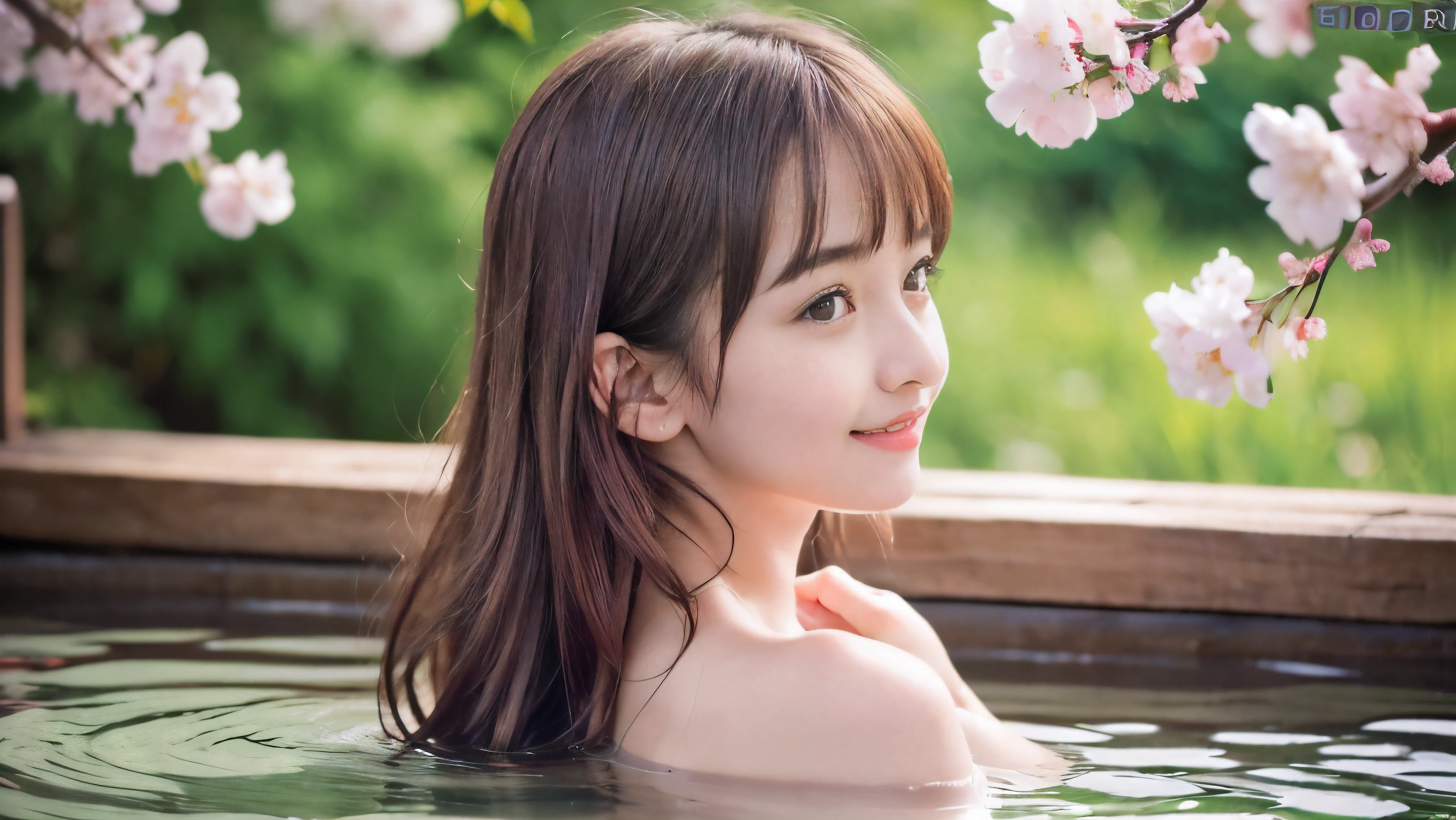 (Profile shot of a naked slender small breasts round face brown short hair with bangs girl:1.5)、(Naked girl is soaking in a milky color Japanese onsen outdoors with small smile:1.5)、(Outdoor Japanese onsen with milky white color and it has full bloom weeping cherry blossoms:1.5)、(blurred background:1.5)、(Natural light:1.5)、(8k ultra detailed master piece:1.5)、(perfect anatomy:1.5)、(Photorealistic stick:1.5)、(Raw photo:1.3)、(highest quality:1.5)、(High resolution:1.3)、(Delicate and beautiful perfect face:1.3)、(Delicate and beautiful eye air skin:1.3)、(Real Human Skin:1.3)、((thin legs))