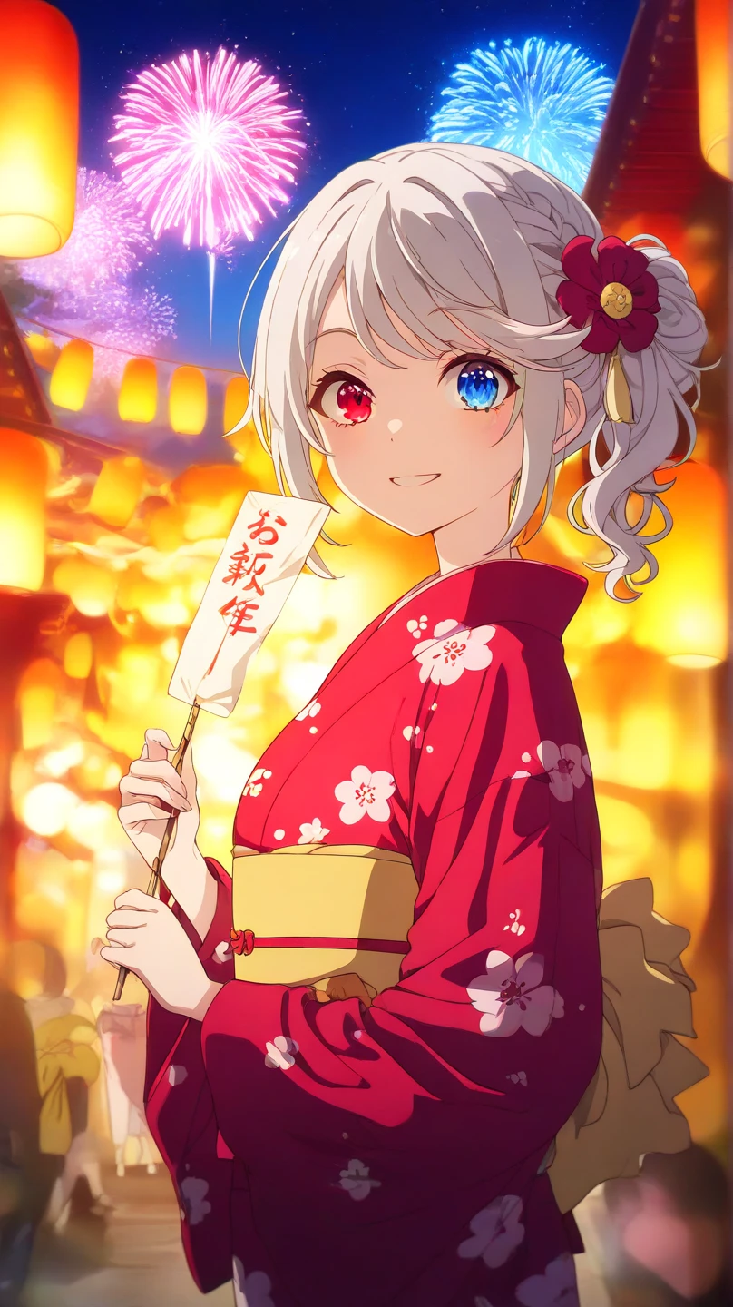 Short hair, no bad finger, no bad hand, silver-white hair with a slightly messy style and side-swept bangs, Heterochromia iridis),(left eye,Red eyes),(right eye,blue eyes),.  young woman wearing a traditional Japanese yukata with a vibrant floral pattern, standing alone on a quiet hill during a New Year celebration. She is smiling brightly, looking directly at the viewer with a joyful and welcoming expression. Her long hair flows gently in the breeze, and she is holding a small paper lantern in one hand. In the background, there are faint fireworks lighting up the night sky and a distant view of a Japanese town illuminated with soft, warm lights. The atmosphere feels serene yet festive, capturing the beauty of a New Year moment in Japan."