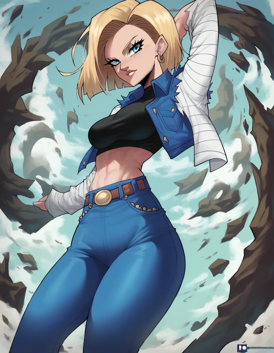 score_9, score_8_up, score_7_up, 2D, EchoSaber, 1girl, solo, android 18, lip gloss, wide hips, narrow waist, blonde hair, blue eyes, webbed
