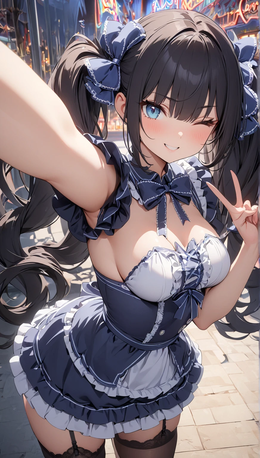 masterpiece, highest quality, One Girl, View your viewers, Tight waist, RAWphotograph,Beautiful fingertips、 Ultra-realistic, High resolution, photograph, Sharp focus, Most detailed, Very detailed, Very detailed, In detail, Very detailed目と顔,Very detailed手と指、Idol、Thighs, beautiful girl,The audience is my lover、((Two hands、Five fingers、Detailed fingers、Detailed eyes、There are stars in the eyes、Blue Eyes、firm cheeks)), Tight waist,Symmetrical face, ((Maid clothes、Micro Mini Skirt、Knee socks))、Twin tails、はだけたThighs、Beautiful belly button、Beautiful cleavage、Shaking breasts、Shyness、Happy expression、((((Akihabara、Cute々A pose))))、((((I can see her pantiey skirt flipped up、You can see all of her panties))))