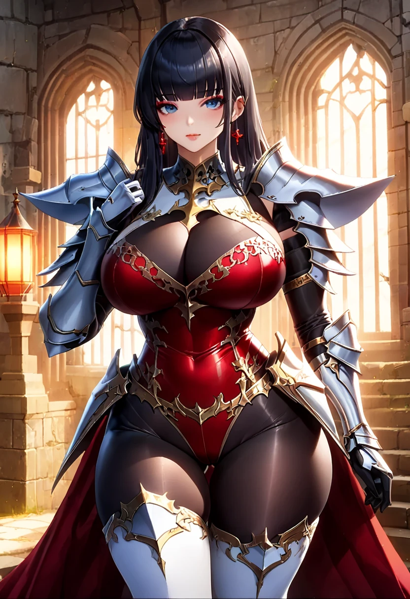 ((highest quality)), ((masterpiece)), ((hyperrealistic)), (solo), 1girl, bitch,((curvy)), ((skindantation: 1.2)), perfect face, makeup, eyeliner, eyeshadow, final emperor, romancing saga 2, ((Azur Lane)), Curvy thicc body, ((red roya armored dress: 1.3)), ((black high leg royal knight armor: 1.3)), ((skin-tight red leotard: 1.4)), ((red corset topknight armor breastplate)), ((skin-tight black Investigator Bodystocking: 1.3)), ((large pauldron)), (long gauntlet gloves),  Cape, ((Shiny black hair long Hime cut)), ((blunt bangs)), ((huge breasts)), wide hips, (black pantyhose thighs), (white thighs-high boots: 1.3), ((see through cleavage cutout)), cameltoe, pussy line,, gleaming skin, zettai ryouiki, beautiful blue eyes, Perfect hands, perfect fingers,