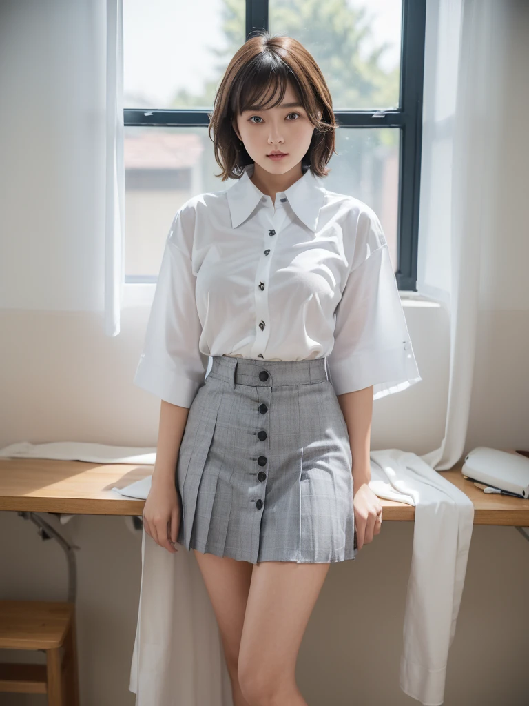 ((Best quality, 8k, Masterpiece: 1.3)), Sharp focus: 1.2, 1 NOGIZAKA women, beautiful face girl, cute face, age 28, small breasts, flat chest, short messy hair, walking, white casual see-through shirt, skirt, books, office, sunlight, dramatic angle, kindness, cinematic lighting, (8k, masterpiece, best quality, raw photo)