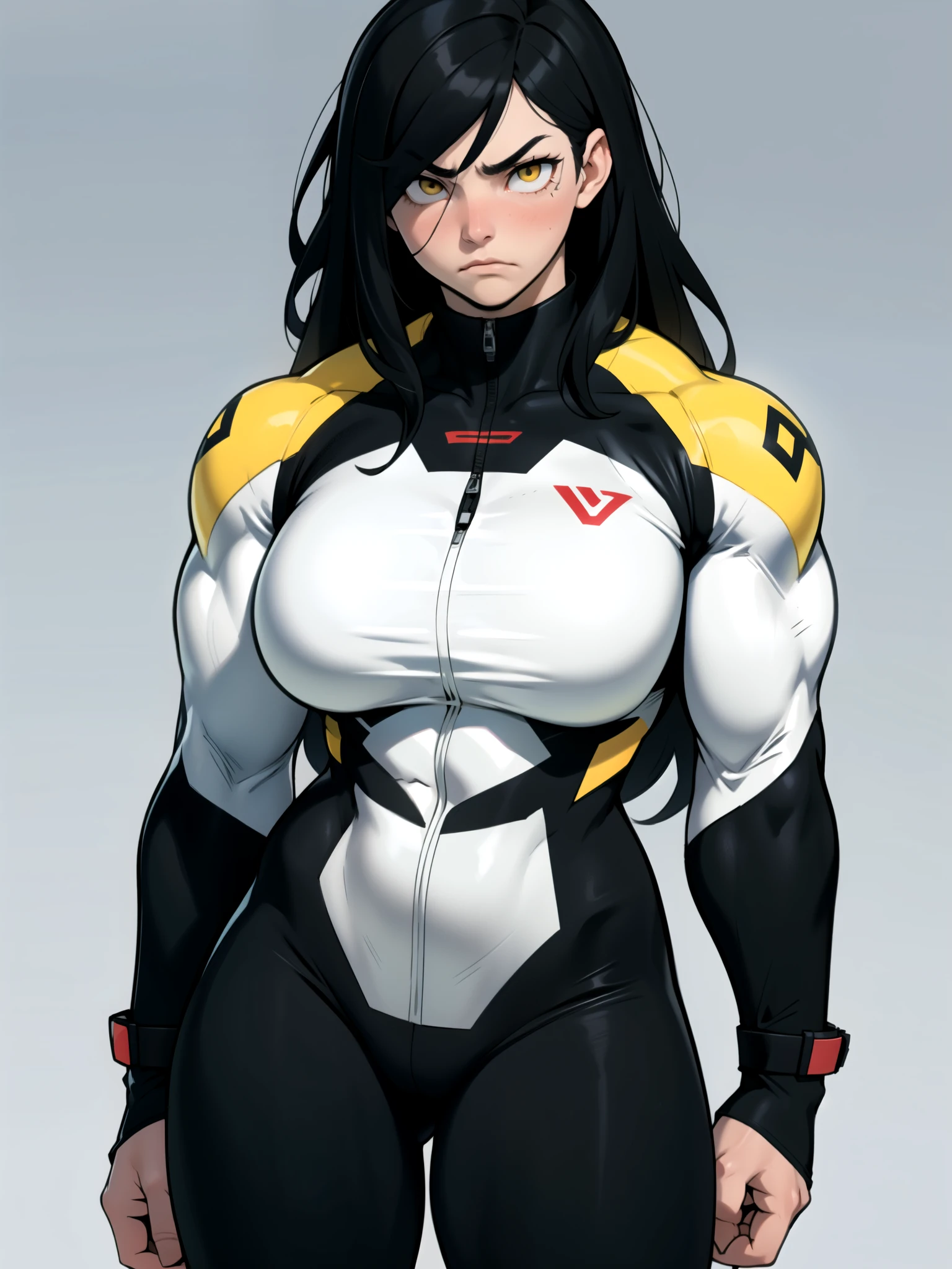 solo standing skintight ((muscular girl perfect anatomy)) toned body massive breasts yellow eyes black hair pale skin