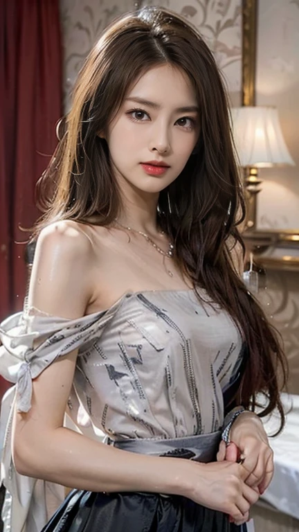 (Huge breasts:1.1)Clothing,Décolletage,Off the shoulder,Plump flesh,254K,choker,Heavy makeup,Center-parted bangs,(Silver ash hair color:1.2),long hair,Curly Hair,Rui々Skin type,Red A-line dress,(Shine of the skin:1.1)
