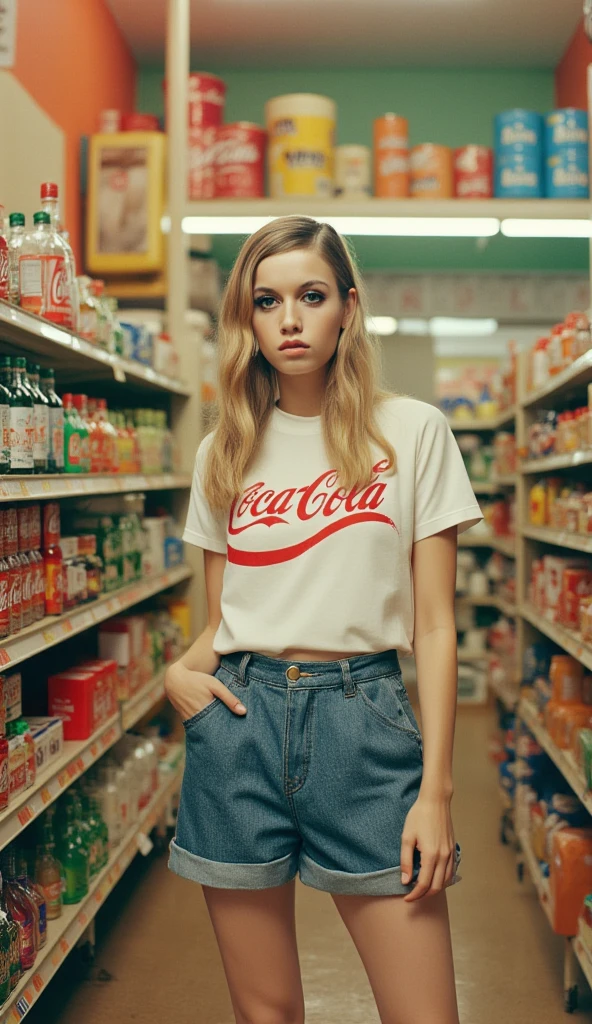 Twiggy,A nostalgic 1970s photograph featuring Twiggy standing casually in a vintage grocery store aisle, with shelves lined with colorful products from the era. Twiggy is dressed in a classic 70s look: a white Coca-Cola logo t-shirt tucked into high-waisted denim shorts. The shirt fits loosely, with the iconic red logo popping against the soft, faded tones of the scene. Her high-waisted shorts are slightly worn, giving off a comfortable, lived-in feel, while her relaxed posture captures the effortless cool of the decade.

Twiggy’s blonde hair is styled in soft, voluminous waves, cascading naturally over her shoulders, perfectly in line with the 70s glam look. Her makeup is minimal yet striking, featuring her signature bold lashes, lightly applied eyeliner, and a soft, nude lip, which keeps the focus on her classic beauty.

The lighting is warm and sepia-toned, characteristic of vintage 70s film photography, casting a soft glow that enhances the retro atmosphere. The store’s fluorescent lights create subtle reflections on the shelves, while the faded colors give the photo a dreamy, timeless quality. The overall mood is laid-back and nostalgic, as Twiggy stands confidently in the middle of a scene filled with everyday life, yet with a sense of effortless style that only she can bring