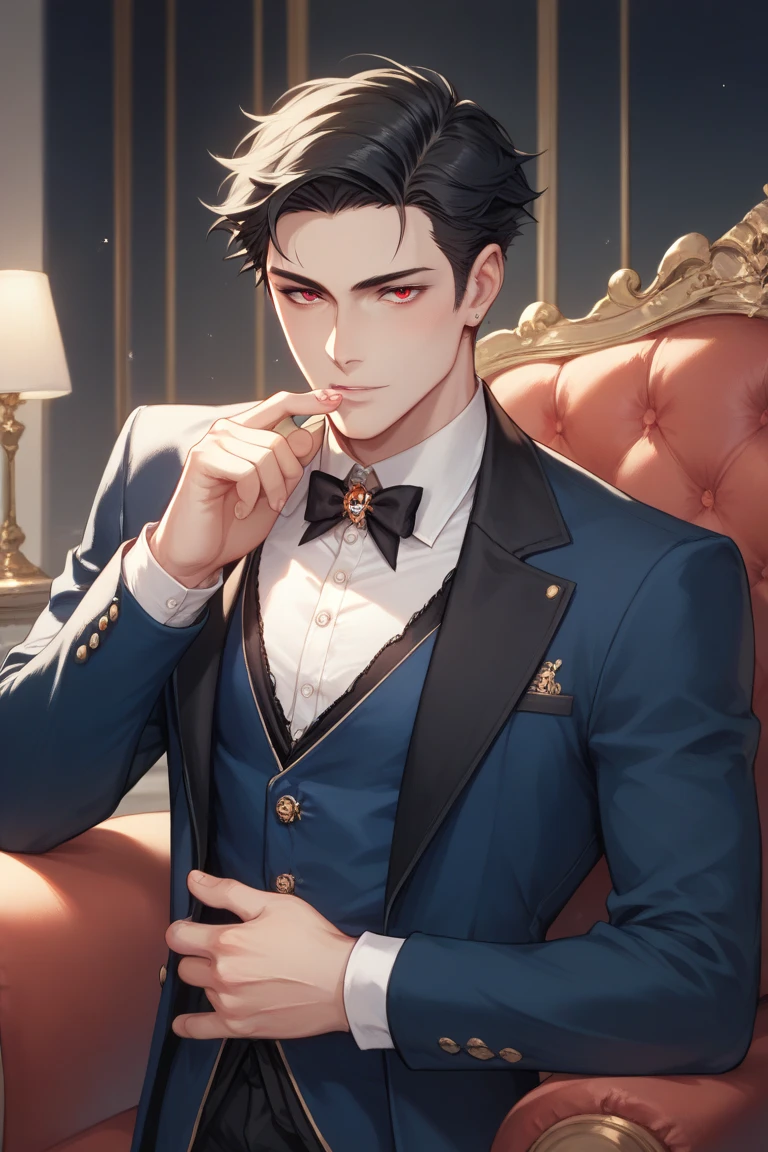 18 year old boy, Pale white skin, short and stylish black hair, red eyes,Wearing a very elegant dark blue dress shirt, elegant black Victorino jacket 