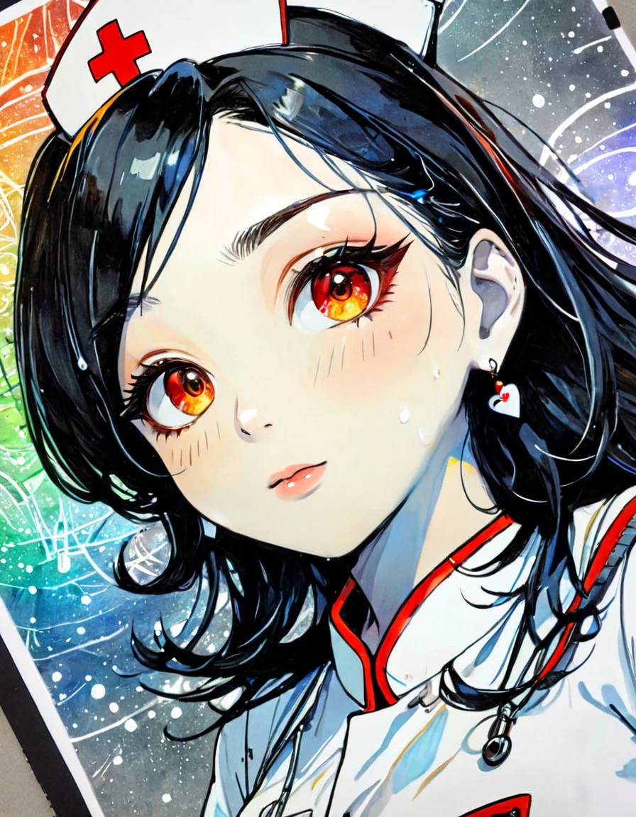 ((masterpiece)), ((best quality)), (ultra-detailed), ((kawaii)), cute, (lovely), anime style, upper body, focus on the face, hospital, night, a cute girl, 1girl, solo, beautiful black hair, beautiful red eyes, ((beautiful eyes)), long hair, lip, earrings, cool, thunder effect, nurse, nurse cap, white dress, character focus, depth of field, glowing particles, reflection, blue theme, red theme, green theme, orange theme, yellow theme, highly detailed, ultra-sharp, , black and white sketch style, art inspired by Bill Sienkiewicz and Dave McKean, (best quality,4k,8k,highres,masterpiece:1.2),ultra-detailed,(realistic,photorealistic,photo-realistic:1.37),beautiful detailed eyes,beautiful detailed lips,extremely detailed eyes and face,longeyelashes
