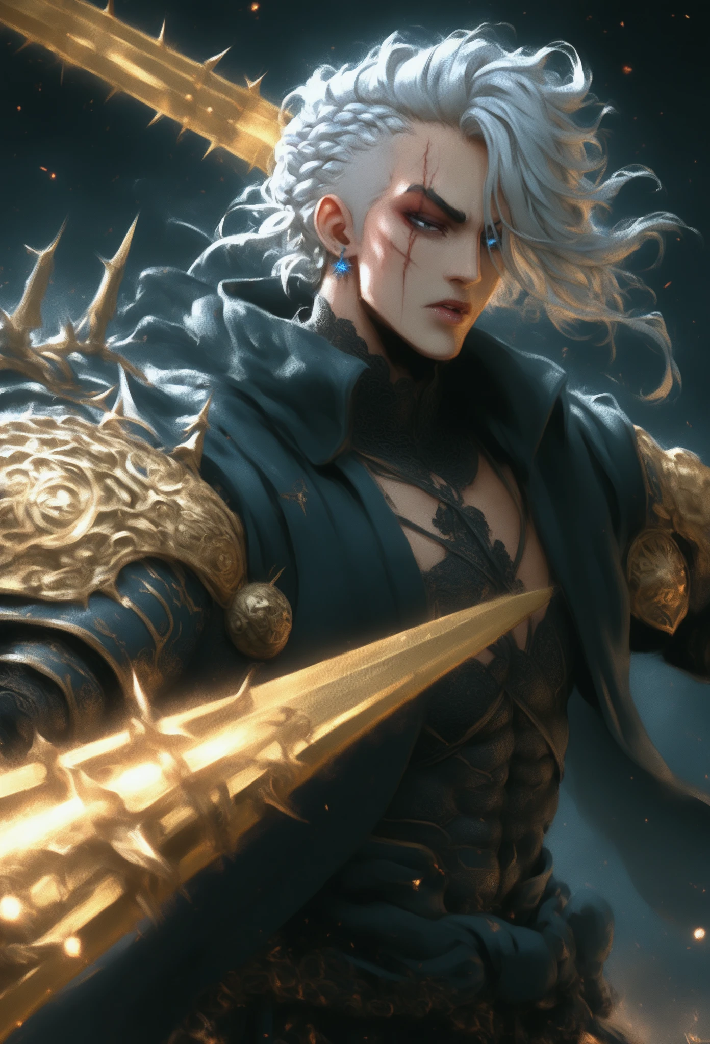  high quality,  ultra realistic ,absurdities,  highres icon,  ultra detailed lingerie top, HDR,  masterpiece ,  a boy warrior in black armor,  ornamented with carved thorns , reflecting the darkness of the night.  He wears a cape that flows like shadows ,  and her athletic, tall body is complemented by smooth white hair tied in a samurai bun.  His eyes are deep blue like the ocean ,  and he wears a blue earring on one of his ears . 
Your face, perfect and surreal beauty ,  he has battle scars that narrate his bravery . In your hand, he wields a golden sword .  His aura transmits peace and kindness ,  making him a determined and inspiring guardian . 