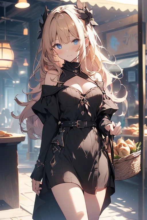 (from below:1.1),(perky chest:1.2), (pointed chest:1.2),(((Black Tunic:1.3))),(((breadcakes in the qute basket),Cute and beautiful, a **** girl, long hair, seductive cleavage:1.3, blonde hair, looking at viewer, ( off-shoulder dress, sweater dress), cafe, bright lighting, light pink andblue eyes, beautiful composition, cinematic lighting, extremely detailed, 8k, cinematic postprocessing, Maximum Facial Detail, Maximum Detailed Texture, Maximum Detailed Shadow, Maximum Detailed Background,character focus, depth of field, glowing particles, glowing, highly detailed, ultra-sharp, 8K resolution,tokiame, (with sparkling eyes and a contagious smile),open mouth, Looking at Viewer, 
