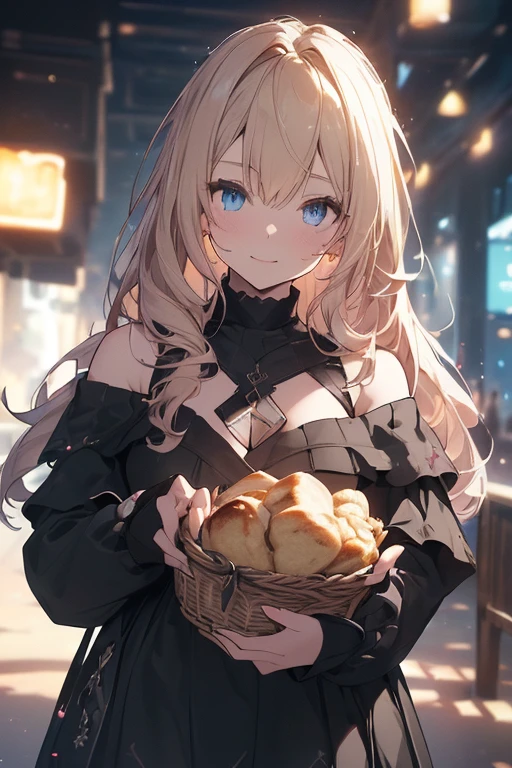 (from below:1.1),(perky chest:1.2), (pointed chest:1.2),(((Black Tunic:1.3))),(((breadcakes in the qute basket),Cute and beautiful, a **** girl, long hair, seductive cleavage:1.3, blonde hair, looking at viewer, ( off-shoulder dress, sweater dress), cafe, bright lighting, light pink andblue eyes, beautiful composition, cinematic lighting, extremely detailed, 8k, cinematic postprocessing, Maximum Facial Detail, Maximum Detailed Texture, Maximum Detailed Shadow, Maximum Detailed Background,character focus, depth of field, glowing particles, glowing, highly detailed, ultra-sharp, 8K resolution,tokiame, (with sparkling eyes and a contagious smile),open mouth, Looking at Viewer, 
