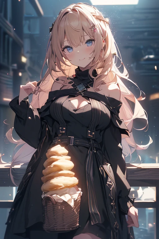 (from below:1.1),(perky chest:1.2), (pointed chest:1.2),(((Black Tunic:1.3))),(((breadcakes in the qute basket),Cute and beautiful, a  girl, long hair, seductive cleavage:1.3, blonde hair, looking at viewer, ( off-shoulder dress, sweater dress), cafe, bright lighting, light pink andblue eyes, beautiful composition, cinematic lighting, extremely detailed, 8k, cinematic postprocessing, Maximum Facial Detail, Maximum Detailed Texture, Maximum Detailed Shadow, Maximum Detailed Background,character focus, depth of field, glowing particles, glowing, highly detailed, ultra-sharp, 8K resolution,tokiame, (with sparkling eyes and a contagious smile),open mouth, Looking at Viewer, 
