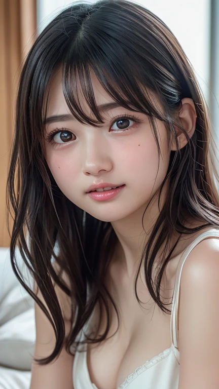 (8k， top quality ， RAW photos，Super high resolution，  HIGH DEFINITION  ， attention to detail，高 Details， super A high resolution)，((( Very Pretty Girls )))，  realistic atmosphere，【Image Center， cute girl，，baby face， ， beautiful girls， very beautiful eyes， big eyes，  Details eyeouth details，Front View， Perfect Anatomy，( excellent anatomy:1.2)， Perfect Limbs ，  Details， physical base rendering ，Eyes with beautiful details， glossy lips ， double eyelids， has long eyelashes， natural cosmetics， radiant white skin， Shiny Bob Hair ， Eyes ， True Face ， Portrait， view from the front， face， View Photographers， small tits、mole、Nightwear、 on the bed、Life's Greatest Smile 、amount、Forehead、((amount))、Beautiful clavicle、 open your mouth wide 、sheer、 cleavage in years