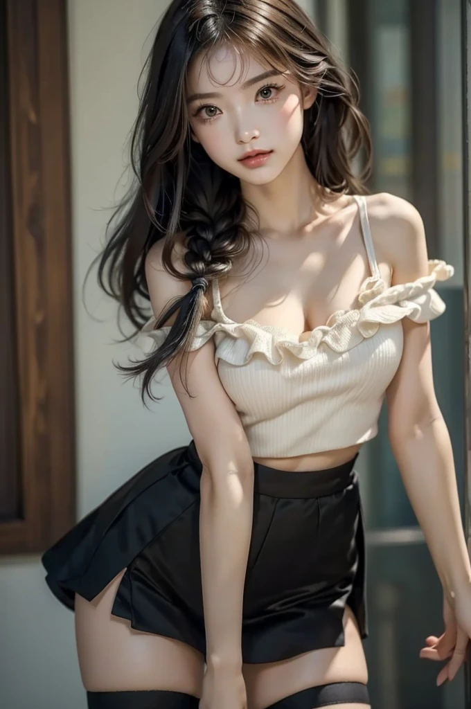 ((table top:1.4), (top quality:1.4), (realistic:1.7), beautiful girl, 超beautiful girl, ((1 girl:1. 4), Radiant natural skin texture, 19 years old, (perfect female body:1. ) 4), Girl portrait photography, Close-up photo, ((Low - Angle)), Fantasy art, Soft Front Light, Beautiful expression, Cute face, Beautiful breasts, Beautiful buttocks, Narrow eyes, Clear and eye-catching, Beautiful and attractive, Beautiful Eyes, Narrow waist, RAW Photo, Red lips, Long Hair（High school girl wear）、 Translucent off-the-shoulder white shirt）、（Red bow tie）、（（Pull up your skirt））、1 Screen Display、（（Woman lying in bed））、（Sexy posture）、（milky way）、（White lace panties are visible）、（The skirt flutters up in the wind））、（（Lift-up skirt））、（（Face is a little red））、（（Leg spread））、