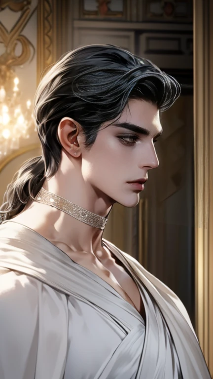 in bad shape，solo，8k,best qualtiy,Masterpiece, Shoulder blades，Handsome face，Detailed pubic hair，dynamic angle，palace of versailles，Adonis，magnificent robe，choker necklace，Long silver-black hair，god light，