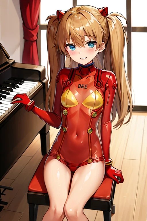 (( top quality )), ((masterpiece)), (be familiar with), perfect face, indoor, bedroom,  Watching Viewers ,
One woman,  Soryu Asuka Langley ,
開いた口,  ecstatic expression beside the piano, blush, smile,
 small tits,  flat chest, Young girl, Lori,  s,  girl,
 long hair,  twin tails,
Leg spread,