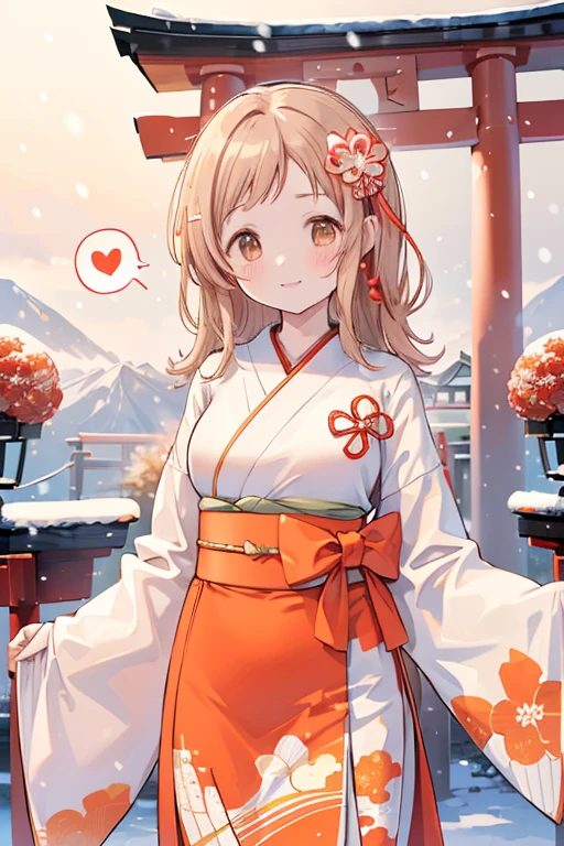 Sakuragi Mano, ((Mega Breasts)), Absolute territory,　smile, Fluffy, (Healing), ((feathers)),　brooch, medium hair, best quality, masterpiece, blush, light brown hair, 　outside curling hairstyle, side fringe, (forehead : 1.28), left-right symmetry fashion,　 winter, ((((snow)))), , light brown eyes, 　(((spoken heart))), (shrine), new year, sunrise, morning, standing, mountain, ((((hawk)))),　torii gate, shrine maiden outfit, floral pattern vivid red skirt, ((Japanese check pattern red and orange obi)), ((wing on sleeve)), ((Japanese style gorgeous big vivid red flower hair ornaments)), frill,