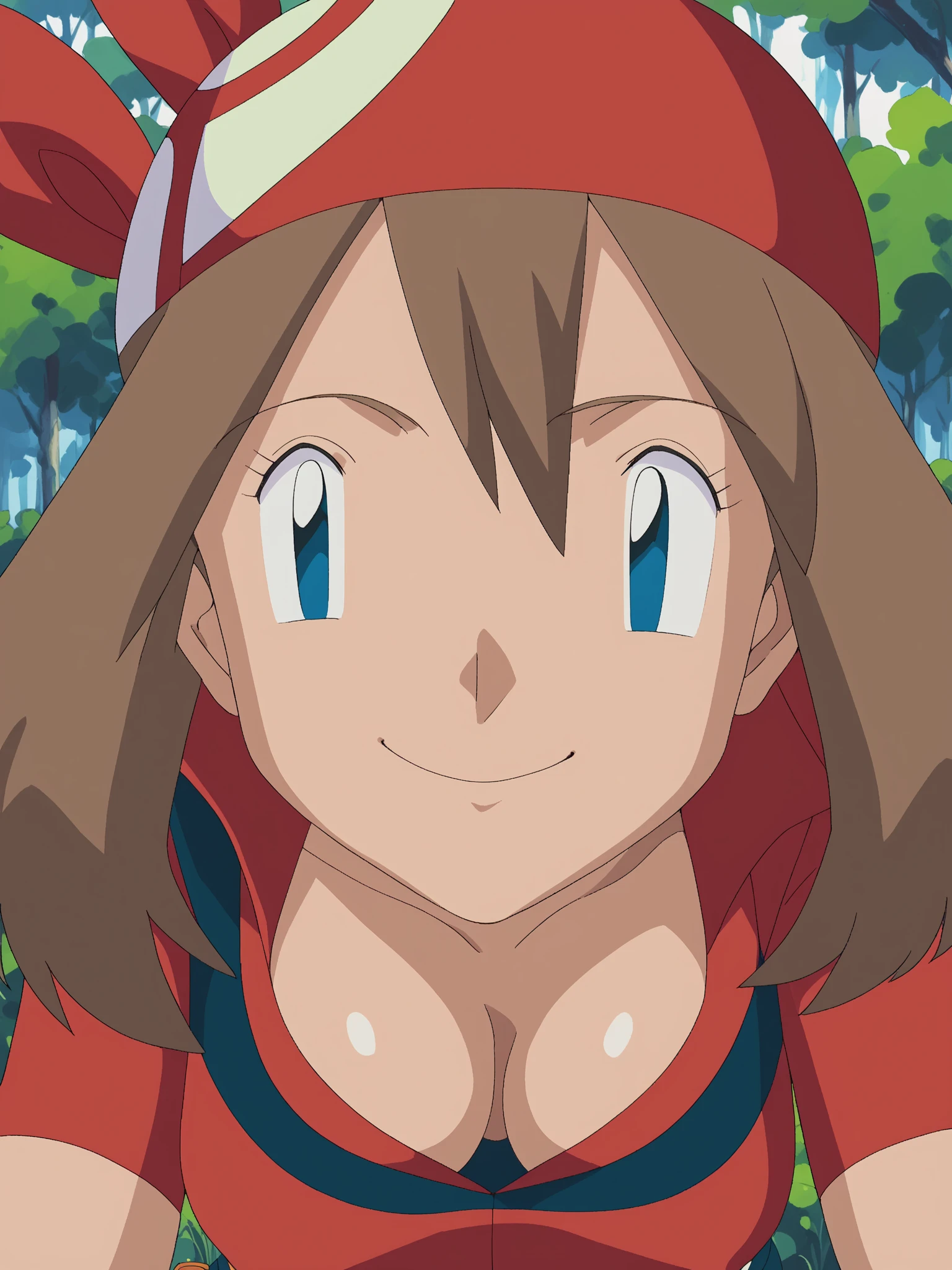 score_9, score_8_ up, score_7_ up, score_6_ up, break, 
May PXL ,  blue eyes,  brown hair,  short hair with shadows,  hair between eyes , Red Bandana,  small breasts,  red shirt, Short sleeve,  gloves, (((face focus, face close up, Front View))),
Alone,  upper body,  on all fours ,  seductive smile , 
(((down blouce, cleavage,  saggy breasts ))), 
 Watch Viewers , 
forest,