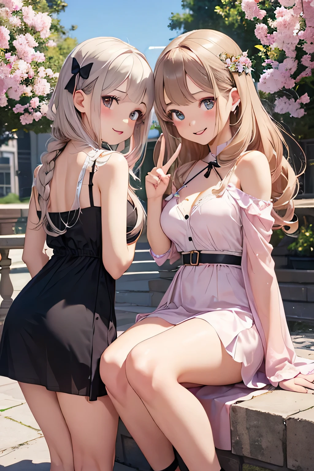 highest quality、High resolution、Detailed Background、(Beautiful face in every detail:1.4)、Anatomically correct、(Detailed facial expressions)、(Detailed eyes:1.2)、Teenage beauty、(Highly detailed face:1.4)、(Huge breasts:1.3)、Cute hair colour、Braided long hair、Wavy Hairstyle、Cute hairstyle、well-groomed eyebrows、Cute Eye Makeup、Cute Lip Makeup、Perfect body line、A neat and mature impression、Cute gestures、A big smile、Accentuate your cleavage、

(Two beautiful women having a good time with a night view spot in the background:1.5)、

For tops, we recommend chiffon blouses and shirts with frills that have feminine textures and details.、The colors are light pastels and creams.、beige、Pink and other colors give a cute impression、Knee-length flared skirts and pretty wide pants are stylish.、The skirt is made of chiffon or satin、Wide pants have a waist mark、

We recommend wearing a short jacket or cardigan as a cover-up.、
While giving an elegant impression、The color is beige、gray、Plain colors such as black are basic.、

Pumps and sandals are fashionable、We recommend a heel height of about 5cm.、
The feminine decorations, such as those with straps and ribbons, create a cute atmosphere.、Earrings、necklace、It is fashionable to combine it with rings etc.、
We recommend items with elegant textures such as pearls and jewels.、

Tokyo Tower、You can see the night view of the city center、A classic night view spot、The illumination at night is especially beautiful.、Tokyo Sky Tree、Roppongi Hills Observation Deck、Tokyo Midtown、A high-rise observation deck overlooking the Shinagawa night view、Shinjuku Gyoen National Garden、Calm atmosphere、very beautiful
