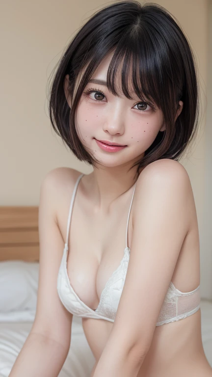 (8k， top quality ， RAW photos，Super high resolution，  HIGH DEFINITION  ， attention to detail，高 Details， super A high resolution)，((( Very Pretty Girls )))，  realistic atmosphere，【Image Center， cute girl，**********，*********， Japanese ， beautiful girls， very beautiful eyes， big eyes，  Details eyeouth details，Front View， Perfect Anatomy，( excellent anatomy:1.2)， Perfect Limbs ，  Details， physical base rendering ，Eyes with beautiful details， glossy lips ， double eyelids， has long eyelashes， natural cosmetics， radiant white skin，Shiny bob cut， Eyes ， True Face ， Portrait， view from the front， face， View Photographers， small tits、mole、Nightwear、 on the bed、Life's Greatest Smile 、amount、Forehead、((amount))、Beautiful clavicle、 open your mouth wide 、sheer、 cleavage in years、 lying down 、 lie down 