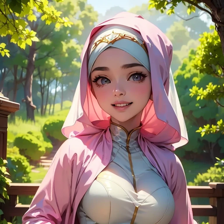  generate an image of a beautiful Bandung girl wearing a hijab and dimpled cheeks , smiling teeth , on ************, ( simple pastel pink hijab ), (medium shot portrait:1.3), dramatic light,  lighting scheme Rembrandt , (hyperrealism:1.2), (8K UHD:1.2) , (  photorealistic :1.2), shot with a Canon EOS 5D Mark IV , facial detail,  skin texture details .  walking, relaxing in the Tarkin Forest while some ceratosaurs walk alongside it