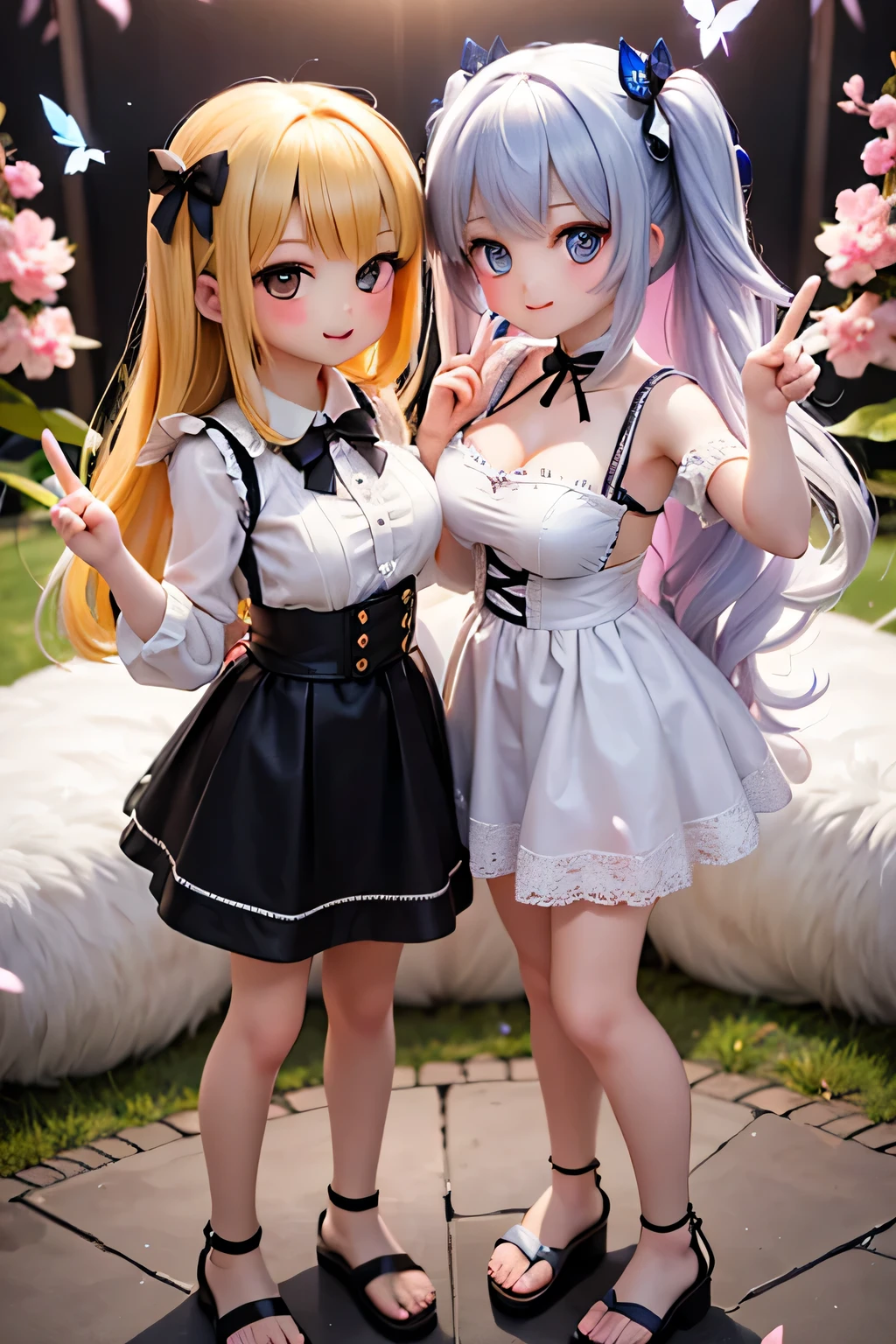 top quality 、 high res、( high image quality:1.2)、masterpiece、 detailed background、 beautiful faces、 Highly Detailed Faces 、 is entangled with his hands and feet in front of an anatomically correct 、(Normal number of fingers:1.4)、 detailed eyes、Teenage beauty、( huge breasts:1.3)、 brightly colored hair color 、 perfect body line 、 Fun Atmosphere 、 big smile when looking back、
(Two beautiful girls taking a commemorative photo at the coming-of- ceremony :1.5)、( peace sign:1.4)、(Normal number of fingers:1.4)、 highlight cleavage 、
light pastel colored furry sleeves 、 the pale color gives a pretty and soft impression 、 flower patterns and butterflies 、Cherry blossoms pattern、peony、cherry blossoms、Camellias etc . 、Hair ornaments with ribbon motifs 、 Combine ornaments with small bijoux 、 soft gold or silver belts 、 sandals are pastel to match the color of the furuncle 、 choose smaller bags 、 fluffy upstyle 、 pearl and style with loose curls added to a lower chignon 、 wrap their hair, then half up and wear a large ribbon hair ornament、 style with braids added to the side and back 、 eyeshadow by layering pink or gold for a gorgeous finish 、 eyeliner is softer in brown than black 、 express your own personality while thinking about overall balance 、 cute
