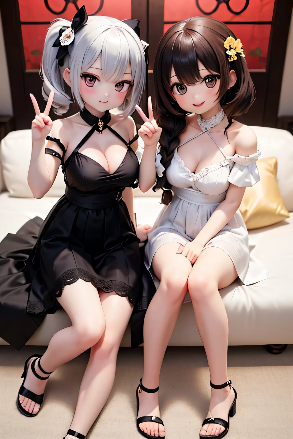 top quality 、 high res、( high image quality:1.2)、masterpiece、 detailed background、 beautiful faces、 Highly Detailed Faces 、 is entangled with his hands and feet in front of an anatomically correct 、(Normal number of fingers:1.4)、 detailed eyes、Teenage beauty、( huge breasts:1.3)、 brightly colored hair color 、 perfect body line 、 Fun Atmosphere 、 big smile when looking back、
(Two beautiful girls taking a commemorative photo at the coming-of- ceremony :1.5)、( peace sign:1.4)、(Normal number of fingers:1.4)、 highlight cleavage 、
light pastel colored furry sleeves 、 the pale color gives a pretty and soft impression 、 flower patterns and butterflies 、Cherry blossoms pattern、peony、cherry blossoms、Camellias etc . 、Hair ornaments with ribbon motifs 、 Combine ornaments with small bijoux 、 soft gold or silver belts 、 sandals are pastel to match the color of the furuncle 、 choose smaller bags 、 fluffy upstyle 、 pearl and style with loose curls added to a lower chignon 、 wrap their hair, then half up and wear a large ribbon hair ornament、 style with braids added to the side and back 、 eyeshadow by layering pink or gold for a gorgeous finish 、 eyeliner is softer in brown than black 、 express your own personality while thinking about overall balance 、 cute
