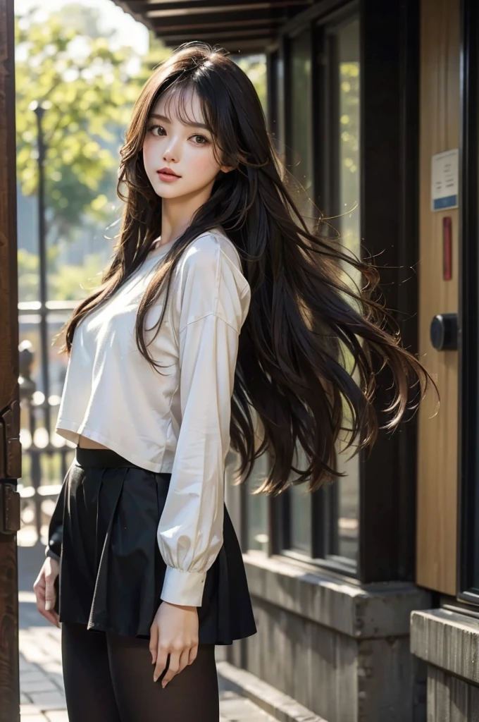 For this project, we envision shooting in a brick-style studio with bright pink tones, in bright light from morning to noon. Hairstyle and fashion style according to the Japan trend of 2023, realistic, lifelike, super detailed, beautiful face, 30s, actress, Japan model, elaborate CG Unity 8K, wallpaper, model are slender, cute and mature. Straight medium style with breezy hair in line with the trend of 2023, slightly bright and soft trendy hair color, shooting so that you can feel the softness in a room with natural light, delicate skin tone, fine details and softness of hair, studio sets are cool images, camera angles should be taken from the waist up. The model's hair color should be slightly light and soft, and the makeup should emphasize bright lips and eye-catching mascara, with a natural and light styling. For your fashion style, choose low-exposure clothes that match the summer trends of 2023 and use pale pastel shades to express a sense of relaxation. The final image should be shot in a studio in bright summer light, and try to create a bright atmosphere. The model's pose is from a back angle, turning around, and the hands are in a pose that ruffles up the hair.
