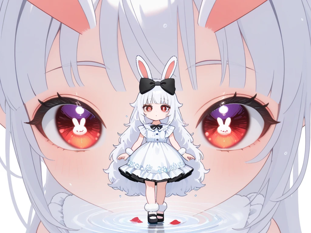 (solo:1.2),1girl\(chibi,cute,kawaii,(white hair:1.4),(very long hair:1.6),bangs,(ear\(fluffy,white,rabbit-ear\):1.4),red eye,big eye,beautiful shiny eye,detailed pupils,skin color white,big black hairbow\(with print\),(cute white frilled silky dress:1.3),breast,cute pose,cute hand sign,korean idol pose,(cute symbol mark in eye),wrist fur,rabbit-tail,shiny skin,shiny hair,full body,1r1d3sc3nc3, slightly (smile:0.5),looking away\),colorful roses petals, beautiful water drops,beautiful day,fairy tale atmosphere,close-up girl,3d,(((dynamic pose))),masterpiece,best quality,newest,dynamic angle