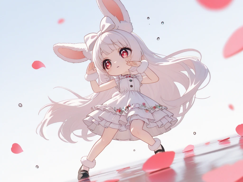 (solo:1.2),1girl\(chibi,cute,kawaii,(white hair:1.4),(very long hair:1.6),bangs,(ear\(fluffy,white,rabbit-ear\):1.4),red eye,big eye,beautiful shiny eye,detailed pupils,skin color white,big black hairbow\(with print\),(cute white frilled silky dress:1.3),breast,cute pose,cute hand sign,korean idol pose,(cute symbol mark in eye),wrist fur,rabbit-tail,shiny skin,shiny hair,full body,1r1d3sc3nc3, slightly (smile:0.5),looking away\),colorful roses petals, beautiful water drops,beautiful day,fairy tale atmosphere,close-up girl,3d,(((dynamic pose))),masterpiece,best quality,newest,dynamic angle