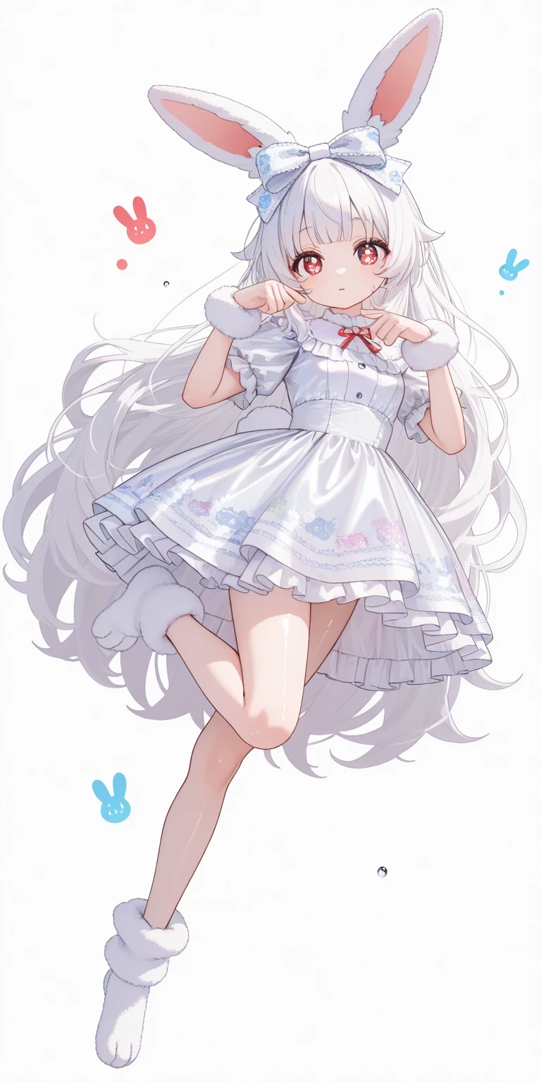 (solo:1.2),1girl\(chibi,cute,kawaii,(white hair:1.4),(very long hair:1.6),bangs,(ear\(fluffy,white,rabbit-ear\):1.4),red eye,big eye,beautiful shiny eye,detailed pupils,skin color white,printed big black hairbow\(with print\),(cute white frilled silky shiny dress:1.3),breast,cute pose,cute hand sign,korean idol pose,(cute symbol mark in eye),wrist fur,rabbit-tail,shiny skin,shiny hair,full body,1r1d3sc3nc3, slightly (smile:0.5)\),colorful roses bloom, beautiful water drops,beautiful day,fairy tale atmosphere,close-up girl,3d,(((dynamic pose))),masterpiece,best quality,newest,dynamic angle