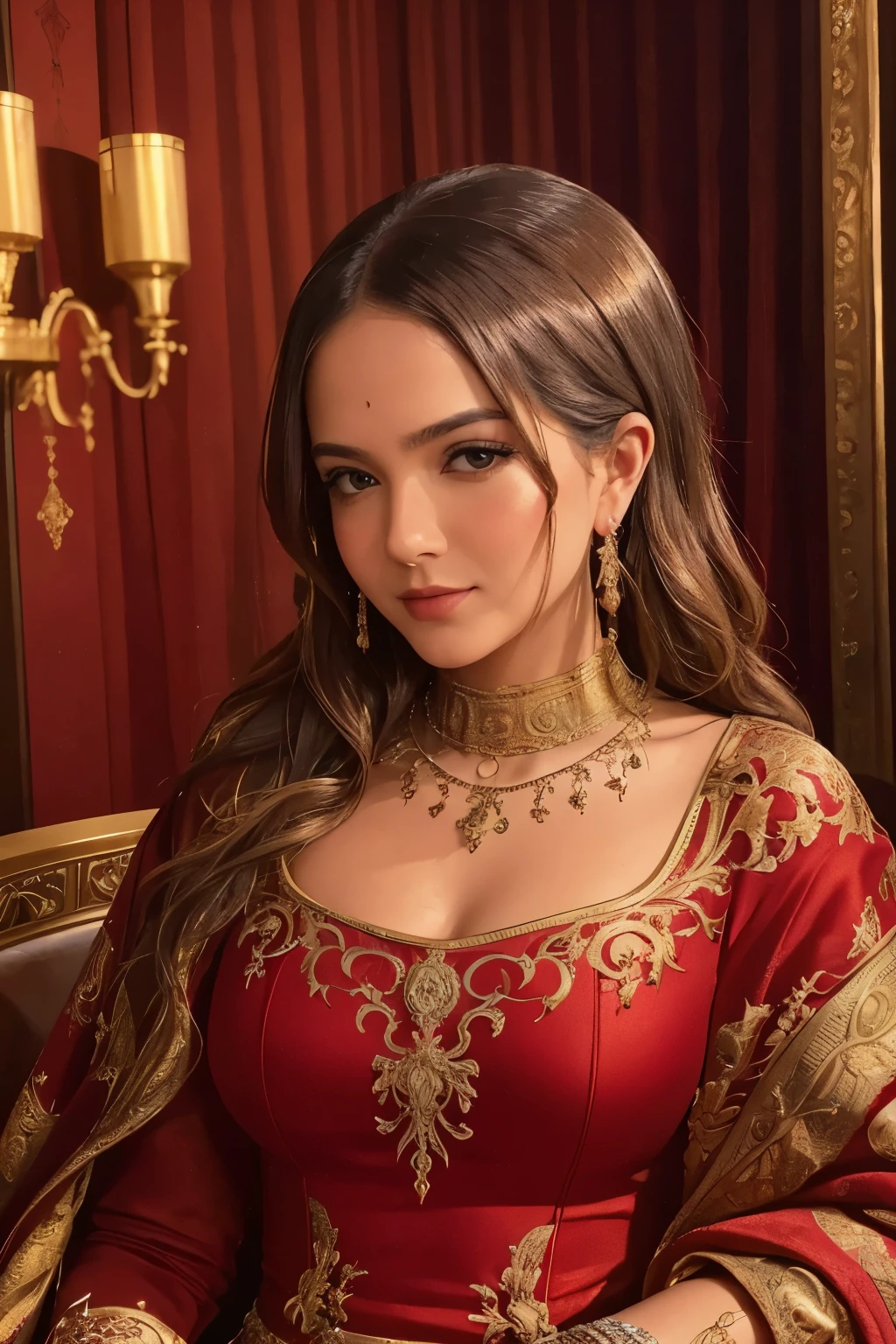 A baroque-style painting of m31m414, emphasizing elegance and grandeur. She is portrayed in flowing, richly detailed garments of deep crimson and gold, surrounded by a lush natural setting with a dramatic, light-filled sky. The scene is illuminated by soft, golden light, with intricate textures and ornate detailing typical of Baroque art.