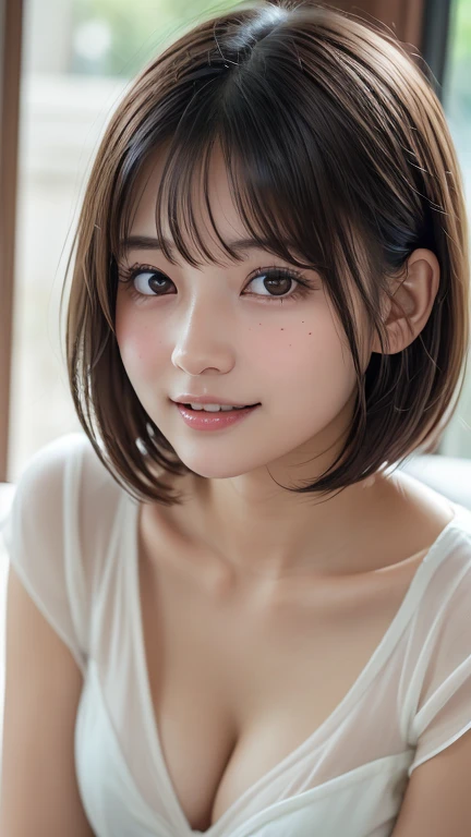 masterpiece:1.3), (8K, Realistic, RAW Photos, Best image quality: 1.4), Japanese Girls、(Random Hairstyles:1.2)、Baby Face、Highly detailed face、Attention to detail、double eyelid、Beautiful woman:1.4、Light brown hair、Highest quality、masterpiece、Ultra-high resolution、(Realistic:1.4)、Professional lighting and attention to detail make you smile、Loose、thin、short hair、Deadly position、whole body、one piece