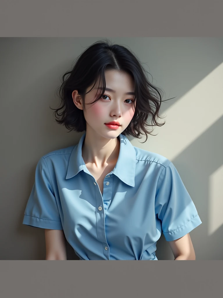 8k, Ultra-high resolution, Highest quality, masterpiece, 三分割法によるphotograph,Surreal, photograph, 1 , (:1.3), cute, cute顔, 細部までBeautiful Eyes, 細かくdetailedに,masterpiece,One Girl:1.2,Japanese women,student,cowboy shot,glaring,Black short hair,messy hair,from side,(Denim shirt:1.3),Leaning against the wire mesh,Glare,Blue Collar,Factory wall,Bleach Bypass,(Beautiful attention to detail),Subtle details, detailedな顔,anger,Attractive eyes,(ポートレートphotograph:1.4),(Photorealistic images:1.4),Fantasy art,(Beautiful Face:1.4),美しくAttractive eyes、Beautiful Eyes,(Tight waist:1.4)、(Beautiful with perfect body proportions:1.4),Pink Lips,profile,(((Ideal body type))),A-cup small breasts :2,、Portraiture:2、Perfect Anatomy、鮮明なdetailed、detailed,Fashion magazine cover,Thin lips,完璧でBeautiful Face ,完璧でcute顔, Skin with attention to detail, Perfect limbs、Narrow waist,Surreal,Light and shadow,backlighting