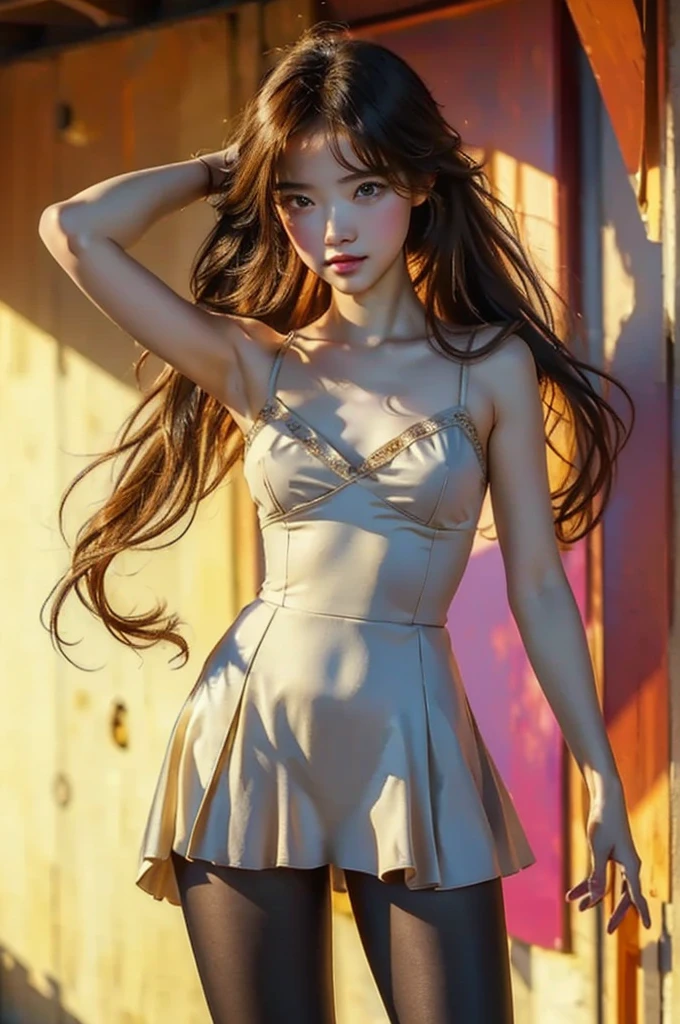 Super high res, ( top quality ,4K, Perfect Sharpness , Ultra-Fine, high res,masterpiece:1.2), Perfect Anatomy:1.5, Story Telling Illustration 、Body Positivity、 physical expression 、( Energetic Pose)、 perfect beauty, (Very strong winds)、 deep expression 、 dynamic composition、 Golden Ratio Composition、colorful、bangs、( braid hair)、 black hair 、lips,（Soft, flowing hair）、（(Nostalgic atmosphere )）、（(Playful and easygoing)）、（Diverse characters）、（( Graceful Posture)）、（Convivial atmosphere）、 cropped tops、A faint smile、 ((Emotional))、Natural reaction、black tights、 shows her thighs 、