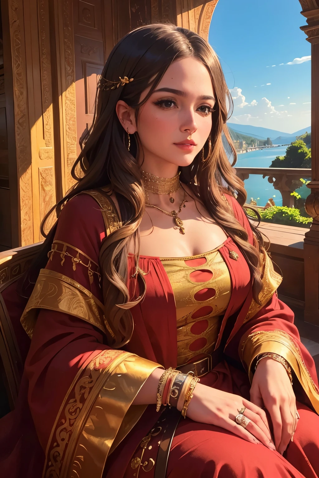 A baroque-style painting of m31m414, emphasizing elegance and grandeur. She is portrayed in flowing, richly detailed garments of deep crimson and gold, surrounded by a lush natural setting with a dramatic, light-filled sky. The scene is illuminated by soft, golden light, with intricate textures and ornate detailing typical of Baroque art.