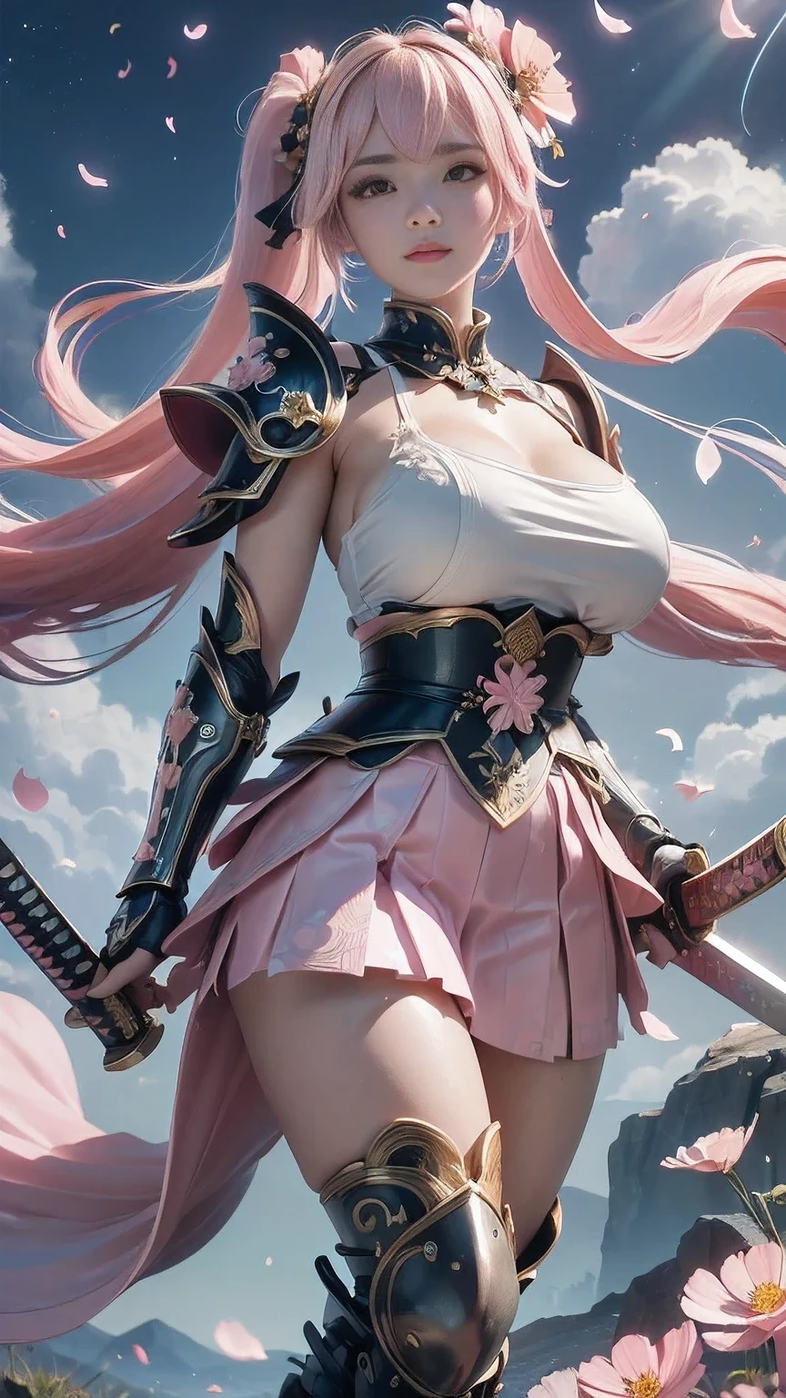  young woman, warrior,(wielding a katana_weapon:1.3), very detailedな, realisti,seductive smile,(()),(()) ((leaning back:1.3)),  Brilliant Appearance , Creative Action,  extremely detailed, Imaginative,  Sensual, spontaneous ,  top quality ,  skin texture, ((absurdly long hair,twintails)),((Pastel pink:1.6)), (led eyes), toned body ,(huge breasts:1.6), plump thighs, ( white pink armor with a cosmos flower pattern engraved ),(( leather samurai armor knight)), bikini type design that emphasizes chest exposure ,(sideboob),  Wear a white pink cape with a cosmos flower pattern , ((ruffled skirt:1.3)), White shin guard with a cosmos flower pattern engraved on it , Black high-leg underwear ,  Black Tights ,  absolute domain,  Intricate Details  , (( blue sky:1.3)),((Meteor shower:1.3)),(()), ((Cosmos flower petals background:1.3)), ((Cosmos flower petals:1.3)), ((Cosmos flower petals dancing in the wind:1.3)),( Cosmos flowers in full bloom ),(Cosmos flowers in full bloom ), (confetti),  RAW photos , 8k, masterpiece,  top quality , ultra detail, very detailed,  Intricate Details  , high res,超 Intricate Details , very detailed 8k cg wallpaper,