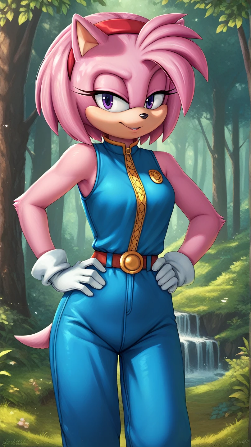  Julie-su The Echinda form sonic the hedgehog (series), (pink body/fur), (pink hair), (backround: forest), (detailed backround), (masterpiece), (high details), (facing the viewer:1.3), (looking at the viewer:1.3), (purple eyes),purple IncursioDipDyedHair,   blue jumpsuit, white gloves, sleeveless, hands on hips 