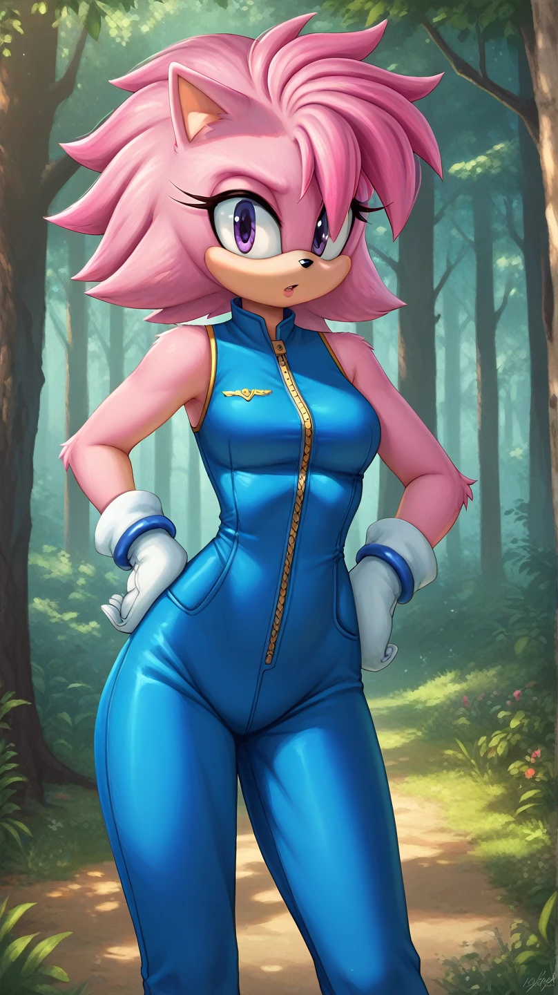  Julie-su The Echinda form sonic the hedgehog (series), (pink body/fur), (pink hair), (backround: forest), (detailed backround), (masterpiece), (high details), (facing the viewer:1.3), (looking at the viewer:1.3), (purple eyes),purple IncursioDipDyedHair,   blue jumpsuit, white gloves, sleeveless, hands on hips 