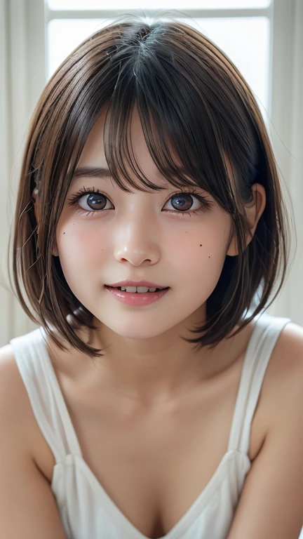((Detailed and realistic faces)), (), 1 person, girl, (Baby Face:1.2), (Very thin body:1.4), (Small breasts), Cliff, (nude:1.1), Short back hair, short hair, (Brown Hair), (smile), ((No makeup)), stand