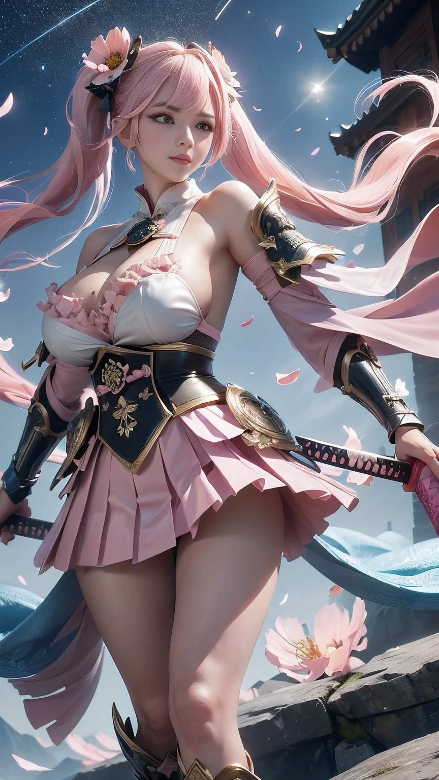  young woman, warrior,(wielding a katana_weapon:1.3), very detailedな, realisti,seductive smile,(()),(()) ((leaning back:1.3)),  Brilliant Appearance , Creative Action,  extremely detailed, Imaginative,  Sensual, spontaneous ,  top quality ,  skin texture, ((absurdly long hair,twintails)),((Pastel pink:1.6)), (led eyes), toned body ,(huge breasts:1.6), plump thighs, ( white pink armor with a cosmos flower pattern engraved ),(( leather samurai armor knight)), bikini type design that emphasizes chest exposure ,(sideboob),  Wear a white pink cape with a cosmos flower pattern , ((ruffled skirt:1.3)), White shin guard with a cosmos flower pattern engraved on it , Black high-leg underwear ,  Black Tights ,  absolute domain,  Intricate Details  , (( blue sky:1.3)),((Meteor shower:1.3)),(()), ((Cosmos flower petals background:1.3)), ((Cosmos flower petals:1.3)), ((Cosmos flower petals dancing in the wind:1.3)),( Cosmos flowers in full bloom ),(Cosmos flowers in full bloom ), (confetti),  RAW photos , 8k, masterpiece,  top quality , ultra detail, very detailed,  Intricate Details  , high res,超 Intricate Details , very detailed 8k cg wallpaper,