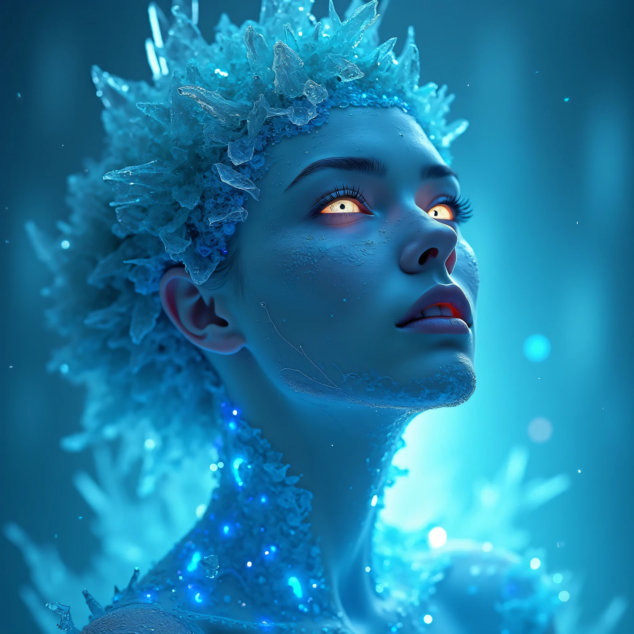 a close-up of a statue of a woman holding a shiny object, frozen like a statue, inspired por Mike Winkelmann, unreal engine rendering + uma deusa, Inspirado em Tomasz Alen Kopera, brilhando por dentro, por Mike Winkelmann, emergindo do fogo azul, respirando fogo azul, Shimmering ice particles, amazing octane rendering