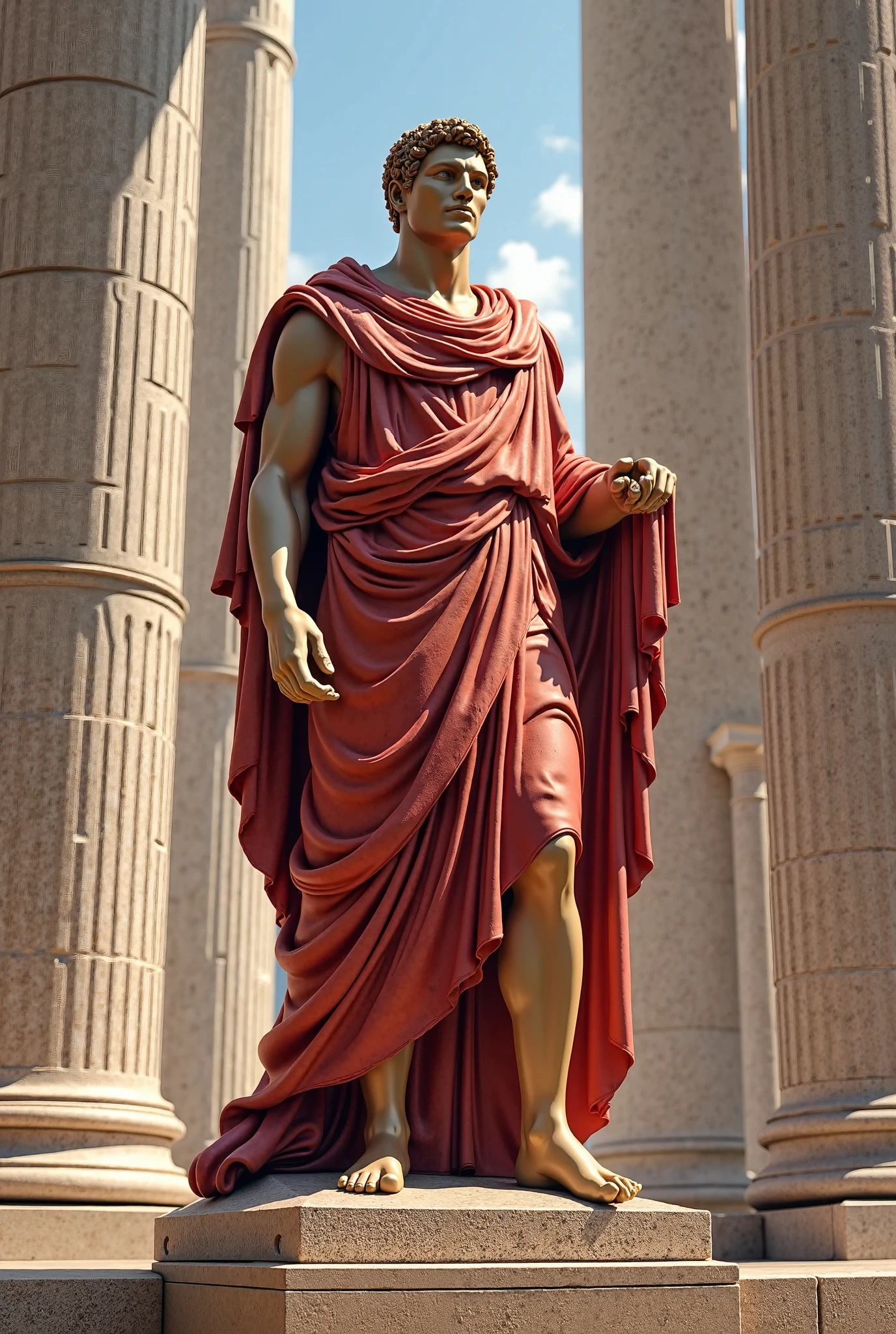 Greek statue dressed in a king's robe with purple details and several gold accessories