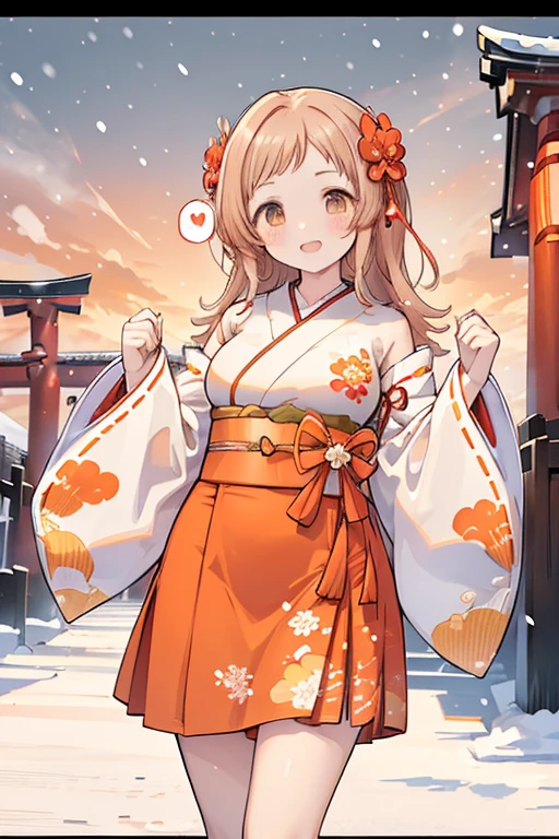 Sakuragi Mano, ((Mega Breasts)), Absolute territory,　smile, Fluffy, (Healing), ((feathers)),　brooch, medium hair, best quality, masterpiece, blush, light brown hair, 　outside curling hairstyle, side fringe, (forehead : 1.28), left-right symmetry fashion,　 winter, ((((snow)))), , light brown eyes, 　(((spoken heart))), (shrine), new year, sunrise, morning, standing, mountain, ((((hawk)))),　torii gate, shrine maiden outfit, (floral pattern vivid red skirt), ((((Japanese check pattern red and orange obi)))), ((((wing on sleeve)))), ((((Japanese style gorgeous big vivid red flower hair ornaments)))), frill,