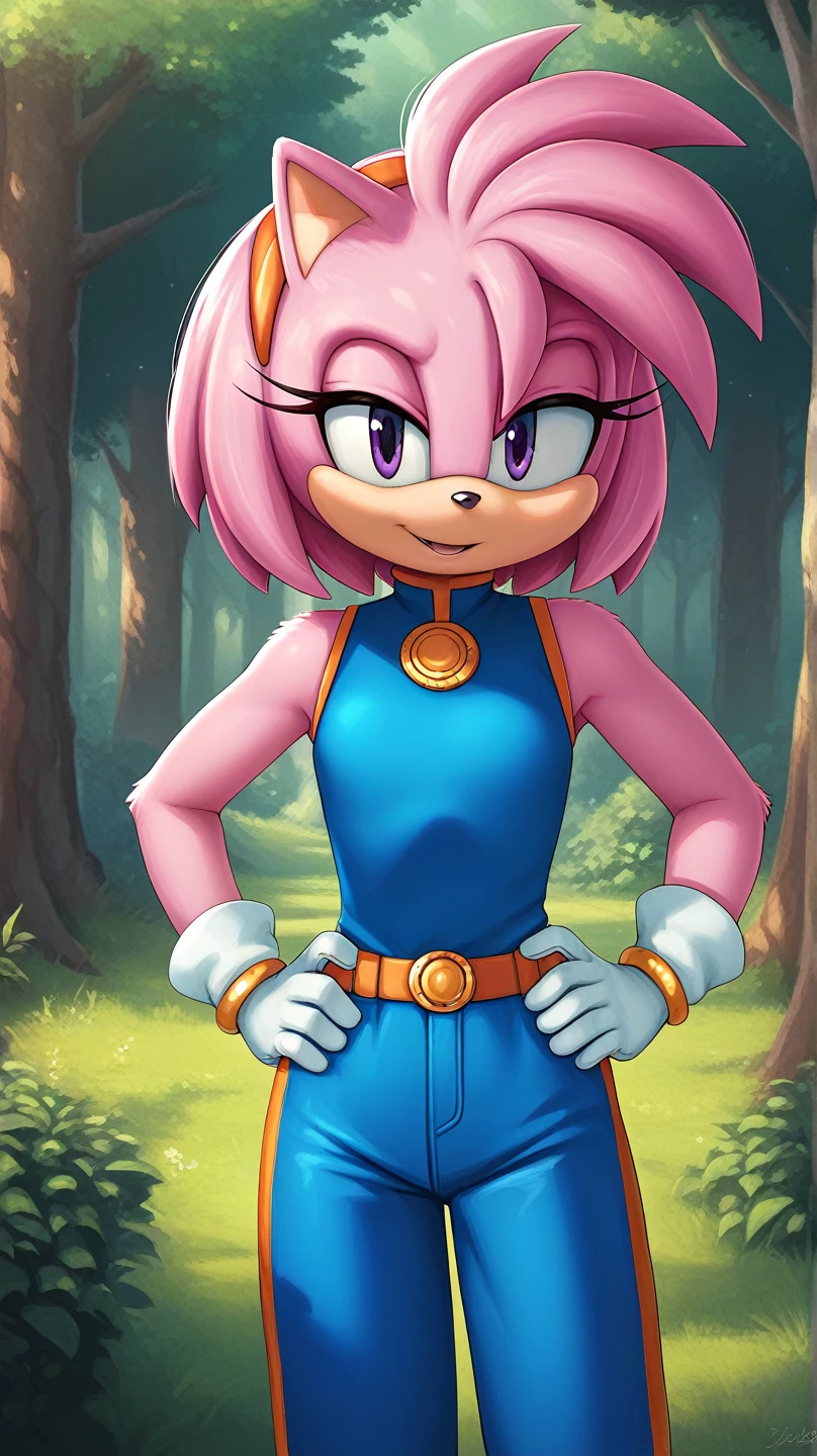  Julie-su The Echinda form sonic the hedgehog (series), (pink body/fur), (pink hair), (backround: forest), (detailed backround), (masterpiece), (high details), (facing the viewer:1.3), (looking at the viewer:1.3), (purple eyes),purple IncursioDipDyedHair,   blue jumpsuit, white gloves, sleeveless, hands on hips 