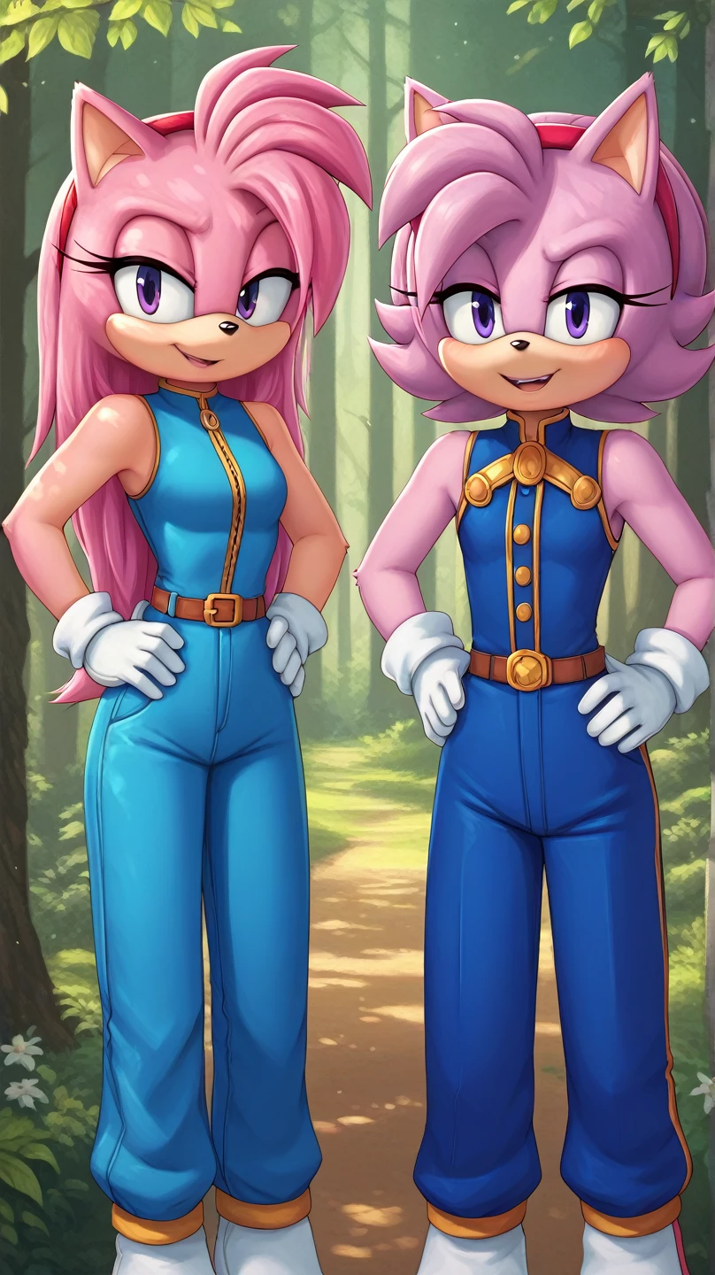  Julie-su The Echinda form sonic the hedgehog (series), (pink body/fur), (pink hair), (backround: forest), (detailed backround), (masterpiece), (high details), (facing the viewer:1.3), (looking at the viewer:1.3), (purple eyes),purple IncursioDipDyedHair,   blue jumpsuit, white gloves, sleeveless, hands on hips 