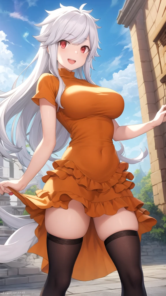 masterpiece, best quality, girl, solo, looking at viewer, bell_cranel, white hair, red eyes, large breasts, Orange dress, layered, Black thighhighs, standing, outdoors, smile, Open mouth,