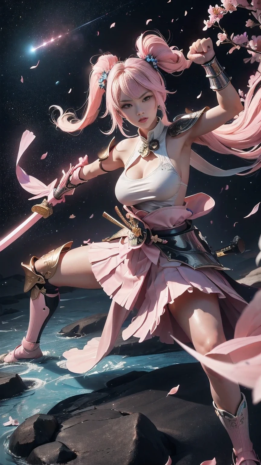  young woman, warrior,(wielding a katana_weapon:1.3), very detailedな, realisti,seductive smile,((Combat Stance:1.8)),(()) ((bird's-eye view)),  Brilliant Appearance , Creative Action,  extremely detailed, Imaginative,  Sensual, spontaneous ,  top quality ,  skin texture, ((absurdly long hair,twintails)),((Pastel pink:1.6)), (led eyes), toned body ,(huge breasts:1.6), plump thighs, ( white pink armor with a cosmos flower pattern engraved ),(( leather samurai armor knight)), bikini type design that emphasizes chest exposure ,(sideboob),  Wear a white pink cape with a cosmos flower pattern , ((ruffled skirt:1.3)), White shin guard with a cosmos flower pattern engraved on it , Black high-leg underwear ,  Black Tights ,  absolute domain,  Intricate Details  , (( blue sky:1.3)),((Meteor shower:1.3)),(()), ((Cosmos flower petals background:1.3)), ((Cosmos flower petals:1.3)), ((Cosmos flower petals dancing in the wind:1.3)),( Cosmos flowers in full bloom ),(Cosmos flowers in full bloom ), (confetti),  RAW photos , 8k, masterpiece,  top quality , ultra detail, very detailed,  Intricate Details  , high res,超 Intricate Details , very detailed 8k cg wallpaper,