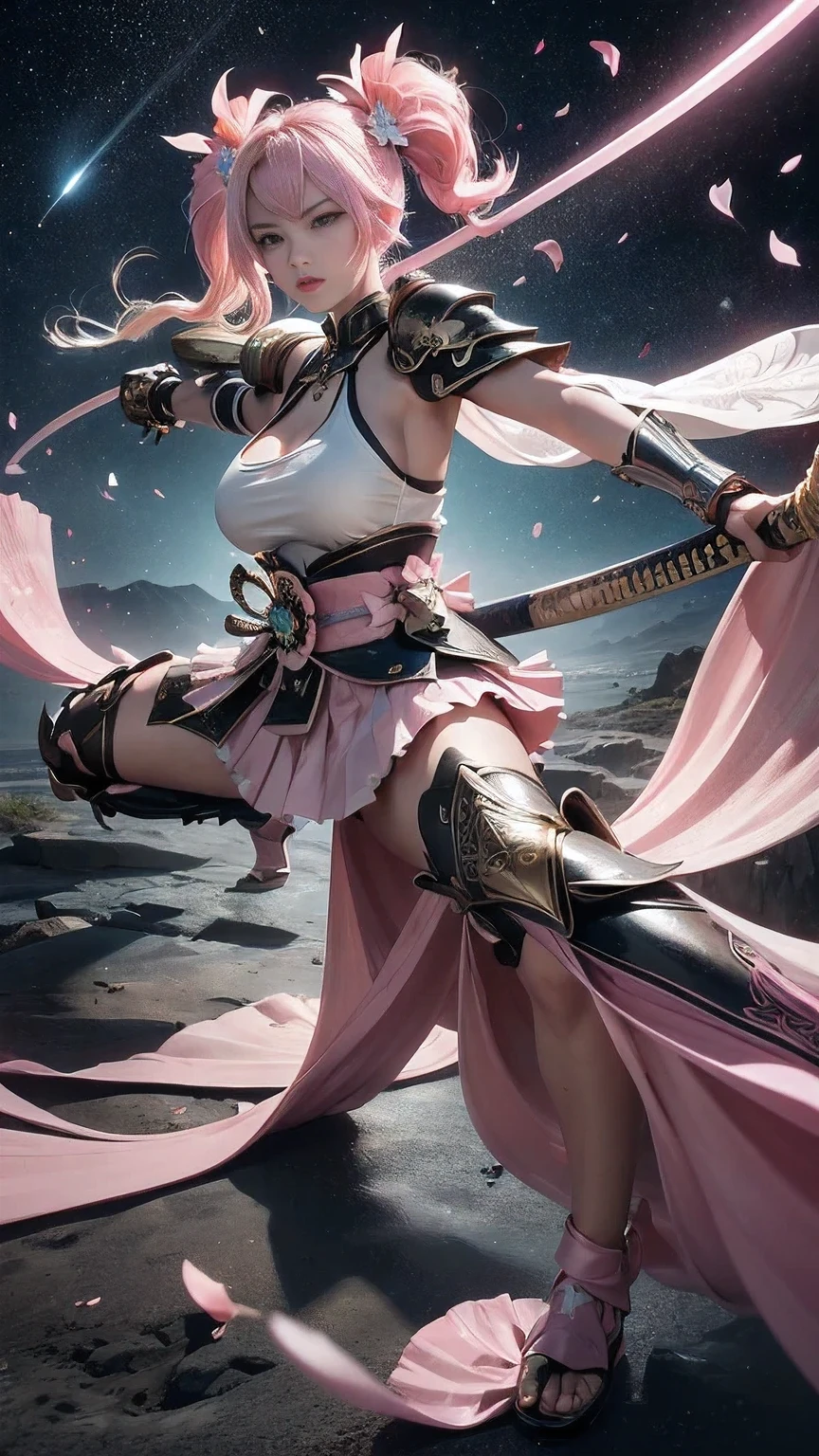  young woman, warrior,(wielding a katana_weapon:1.3), very detailedな, realisti,seductive smile,((Combat Stance:1.8)),(()) ((bird's-eye view)),  Brilliant Appearance , Creative Action,  extremely detailed, Imaginative,  Sensual, spontaneous ,  top quality ,  skin texture, ((absurdly long hair,twintails)),((Pastel pink:1.6)), (led eyes), toned body ,(huge breasts:1.6), plump thighs, ( white pink armor with a cosmos flower pattern engraved ),(( leather samurai armor knight)), bikini type design that emphasizes chest exposure ,(sideboob),  Wear a white pink cape with a cosmos flower pattern , ((ruffled skirt:1.3)), White shin guard with a cosmos flower pattern engraved on it , Black high-leg underwear ,  Black Tights ,  absolute domain,  Intricate Details  , (( blue sky:1.3)),((Meteor shower:1.3)),(()), ((Cosmos flower petals background:1.3)), ((Cosmos flower petals:1.3)), ((Cosmos flower petals dancing in the wind:1.3)),( Cosmos flowers in full bloom ),(Cosmos flowers in full bloom ), (confetti),  RAW photos , 8k, masterpiece,  top quality , ultra detail, very detailed,  Intricate Details  , high res,超 Intricate Details , very detailed 8k cg wallpaper,