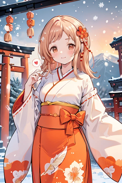 Sakuragi Mano, ((Mega Breasts)), Absolute territory,　smile, Fluffy, (Healing), ((feathers)),　brooch, medium hair, best quality, masterpiece, blush, light brown hair, 　outside curling hairstyle, side fringe, (forehead : 1.28), left-right symmetry fashion,　 winter, ((((snow)))), , light brown eyes, 　(((spoken heart))), (shrine), new year, sunrise, morning, standing, mountain, ((((hawk)))),　torii gate, shrine maiden outfit, (floral pattern vivid red skirt), ((((Japanese check pattern red and orange obi)))), ((((wing on sleeve)))), ((((Japanese style gorgeous big vivid red flower hair ornaments)))), frill,